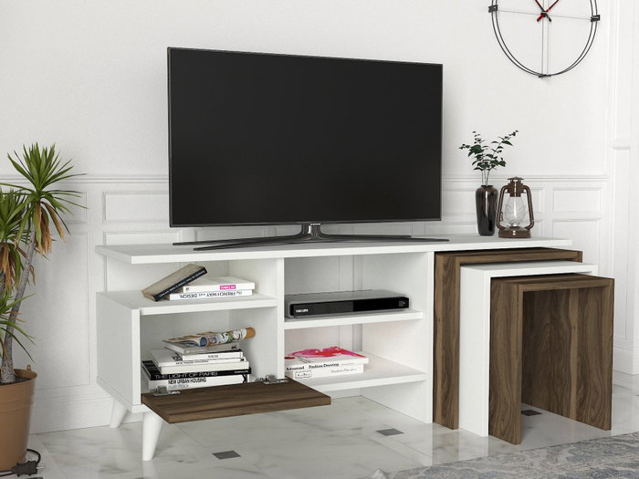 Hanah Home Mueble de TV Escandinavo Blanco y Nogal con Mesas de Centro